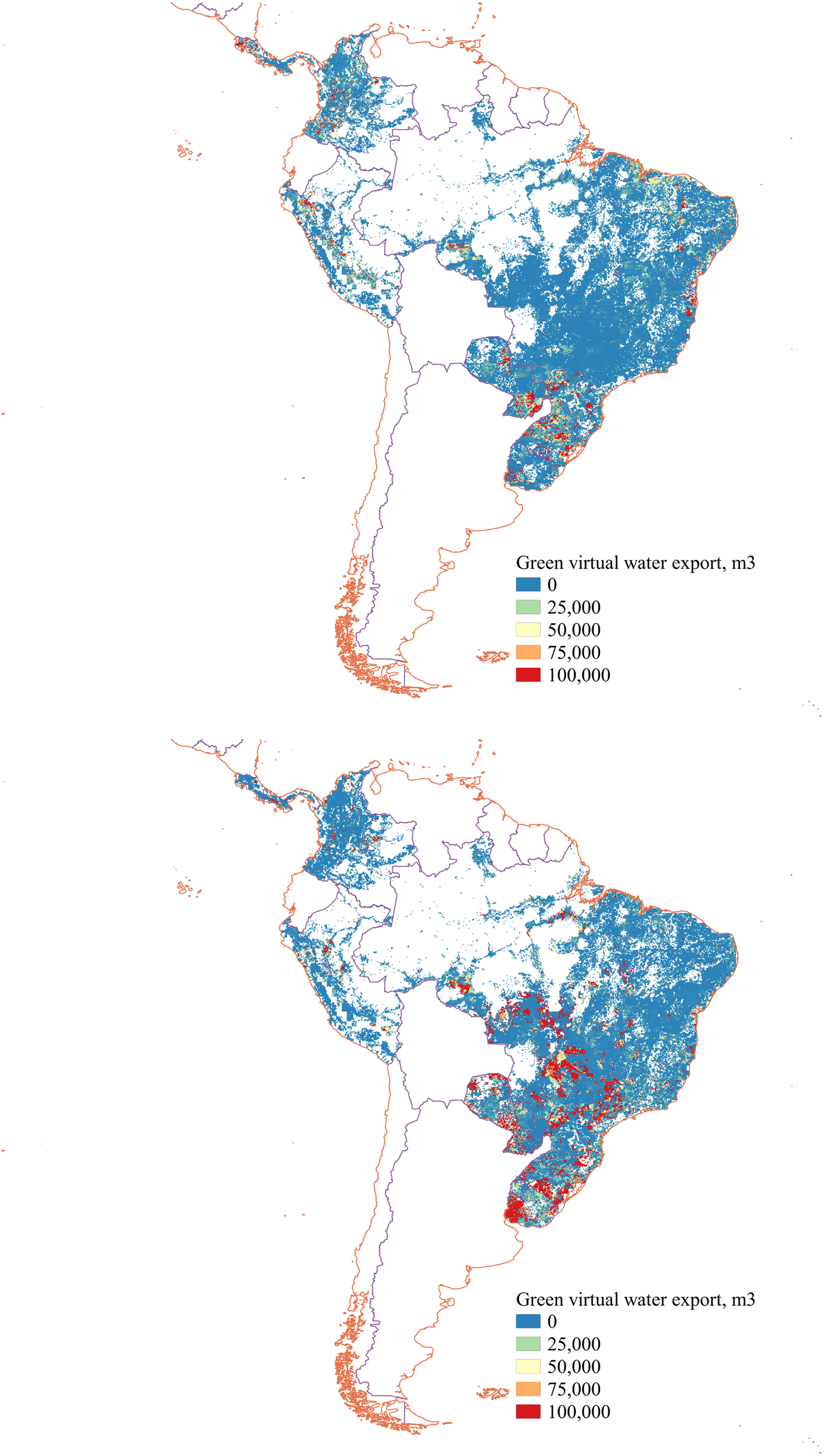 Two thematic maps of South America comparing green virtual water export (m3) in two panels with the same five-class legend and hotspots concentrated in the east. See long description.