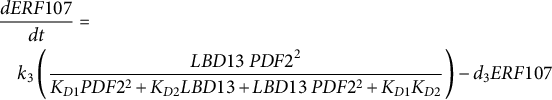 StartLayout 1st Row 1st Column Blank 2nd Column StartFraction d upper E upper R upper F Baseline 107 Over d t EndFraction equals 2nd Row 1st Column Blank 2nd Column k 3 left parenthesis StartFraction upper L upper B upper D Baseline 13 upper P upper D upper F 2 squared Over upper K Subscript upper D Baseline 1 Baseline upper P upper D upper F 2 squared plus upper K Subscript upper D Baseline 2 Baseline upper L upper B upper D Baseline 13 plus upper L upper B upper D Baseline 13 upper P upper D upper F 2 squared plus upper K Subscript upper D Baseline 1 Baseline upper K Subscript upper D Baseline 2 Baseline EndFraction right parenthesis minus d 3 upper E upper R upper F Baseline 107 EndLayout