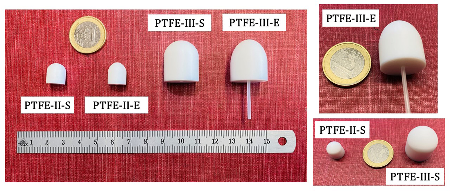 Three PTFE lens antenna prototypes labeled PTFE-II-S, PTFE-II-E, PTFE-III-S and PTFE-III-E alongside a ruler and coins. See long description.
