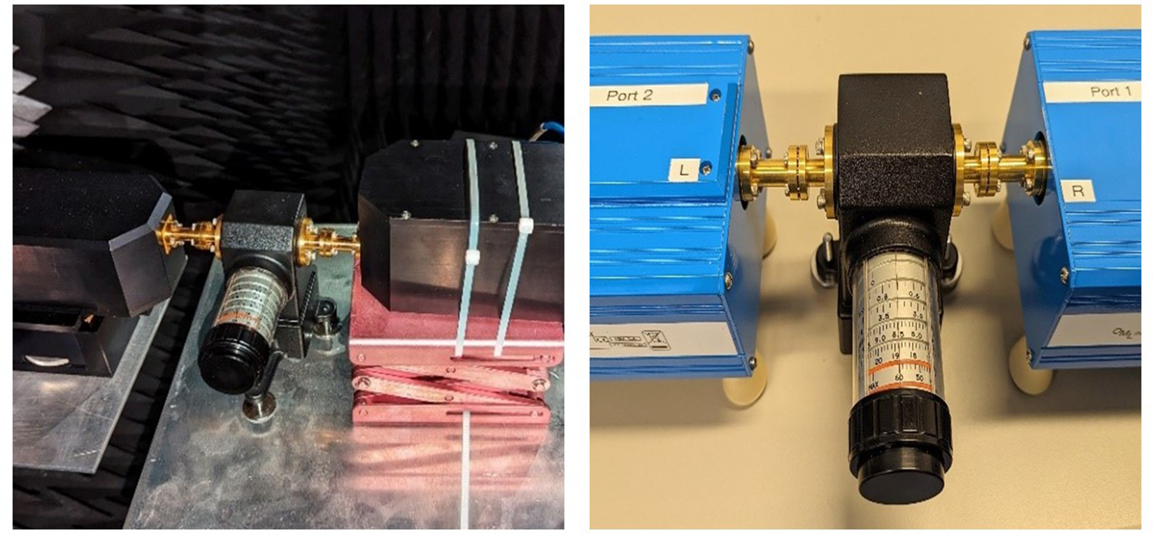 Two setups showing measurement systems with variable attenuators between measuring heads in different environments. See long description.
