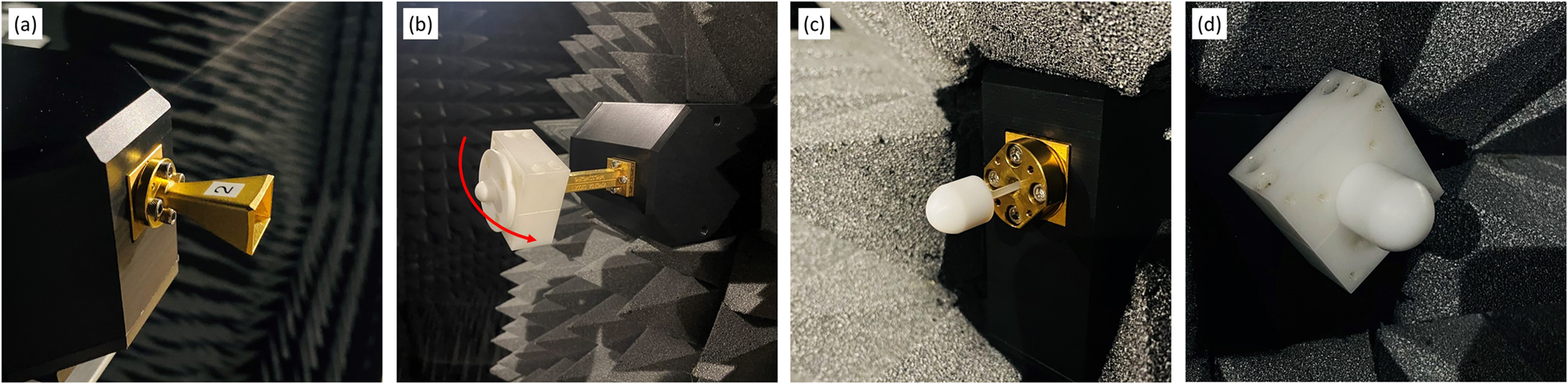 Four images showing different lens antenna setups in an anechoic chamber: Transmitter side with Horn-2, PTFE-II-S lens with CDWG, Receiver side with PTFE-I and rotational direction, PTFE-III-E lens with POM holder. See long description.