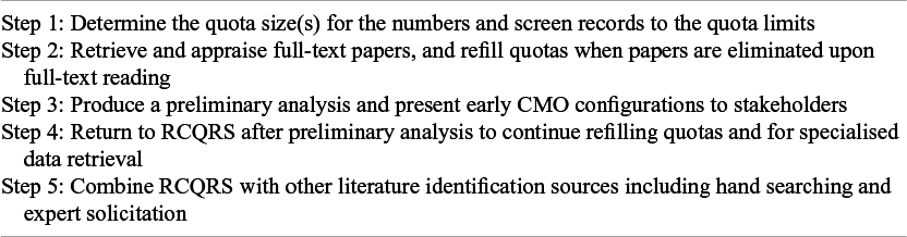 A table outlining five sequential steps for using R C Q R S within a realist synthesis. See long description.
