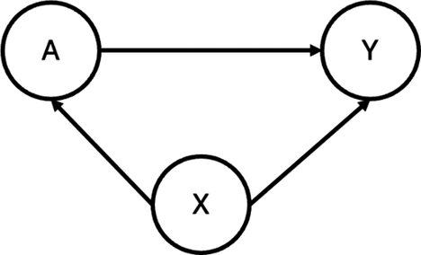 Directed acyclic graph with three nodes. A horizontal arrow points from A to Y. Below them, node X has two upward diagonal arrows pointing to both A and Y, indicating X as a common cause.