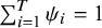 sigma summation Underscript i equals 1 Overscript upper T Endscripts psi Subscript i Baseline equals 1