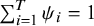 sigma summation Underscript i equals 1 Overscript upper T Endscripts psi Subscript i Baseline equals 1