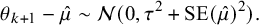 StartLayout 1st Row 1st Column theta Subscript k plus 1 Baseline minus ModifyingAbove mu With caret 2nd Column tilde script upper N left parenthesis 0 comma tau squared plus upper S upper E left parenthesis ModifyingAbove mu With caret right parenthesis squared right parenthesis period EndLayout