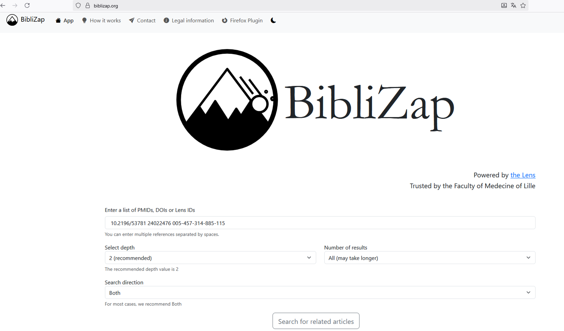 A screenshot of the BibliZap web application interface for launching citation queries. See long description.