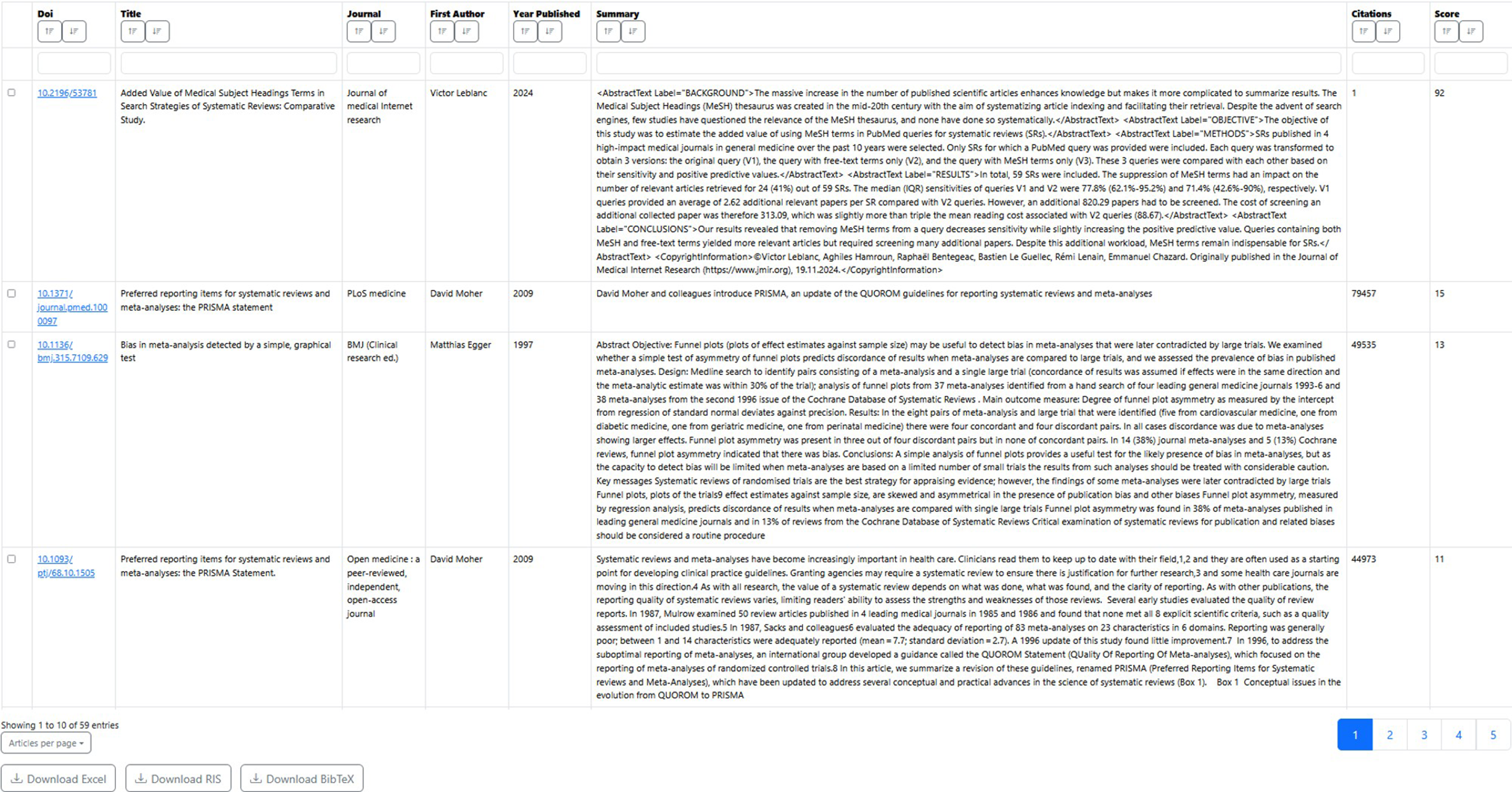 A screenshot of the BibliZap web application interface showing a data table of bibliographic search results with columns for metadata and relevance scores. See long description.