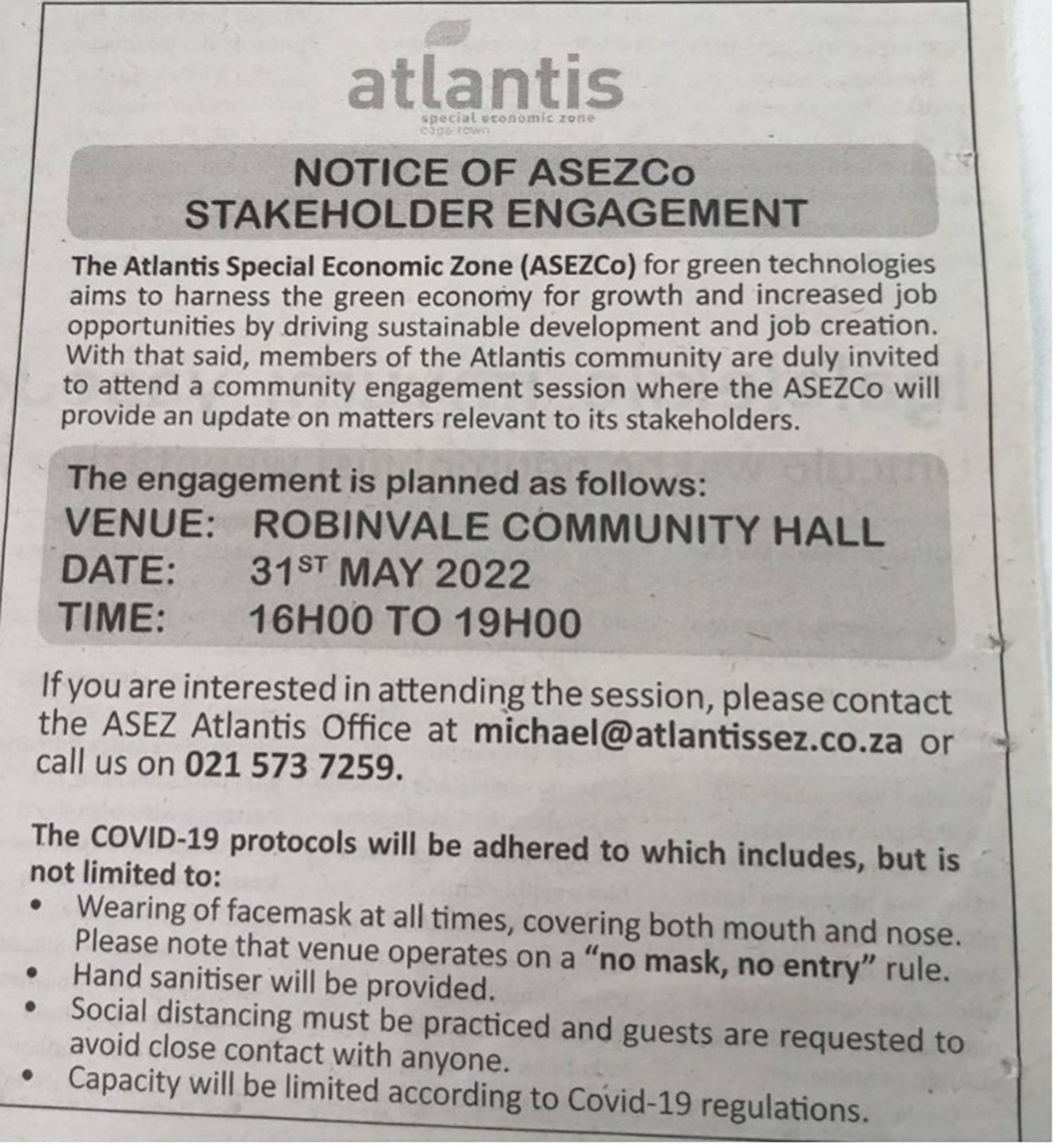 A notice of stakeholder engagement for the Atlantis Special Economic Zone for green technologies.