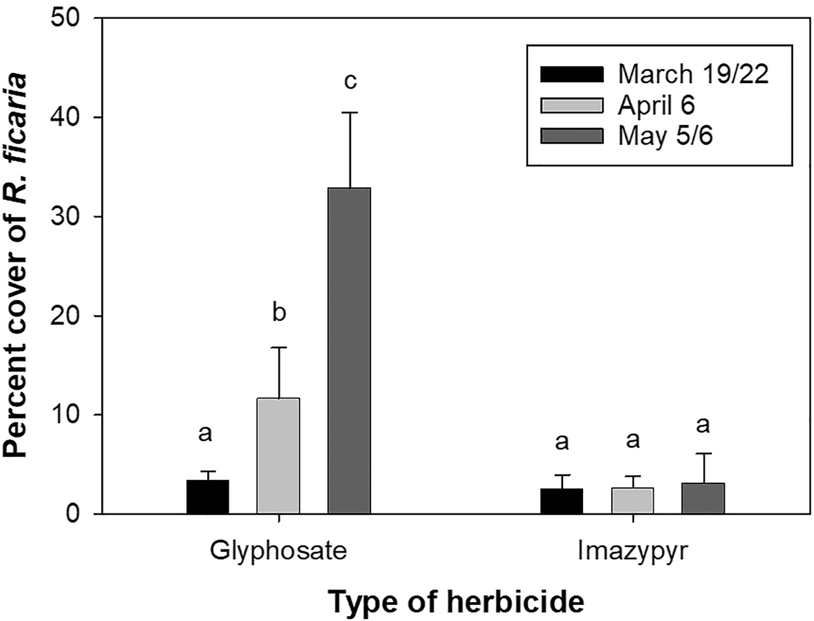 A bar graph compares the percentage cover of Ranunculus ficaria after applying glyphosate or imazapyr on three different dates.