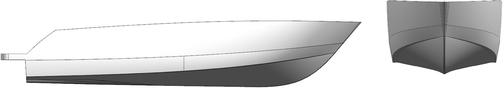 Two-panel technical drawing showing the side and front views of a streamlined yacht hull with a sharp bow and flat bottom.