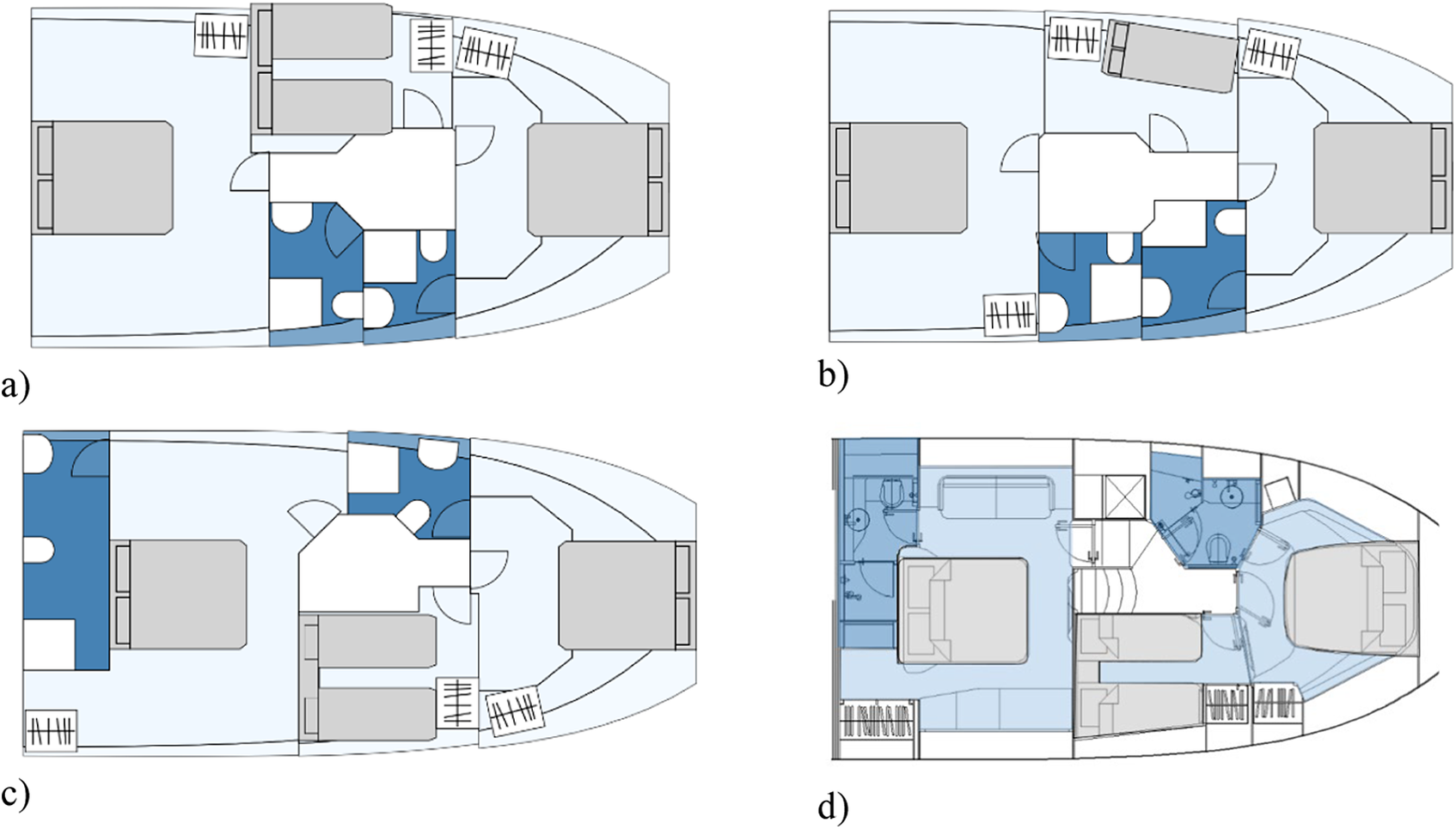 Four-panel layout diagram compares three planning hull output layouts to the designer’s layout for a 16 meter boat, showing differences in room arrangement and space allocation. See long description.