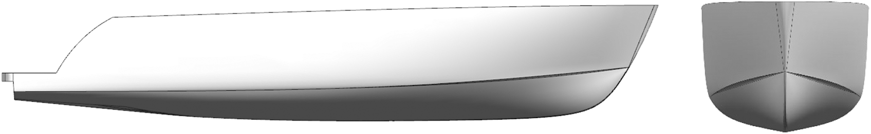 Technical drawing with a side profile and bow view of a 25-meter semi-displacement yacht hull, highlighting a sharp bow and flat stern.