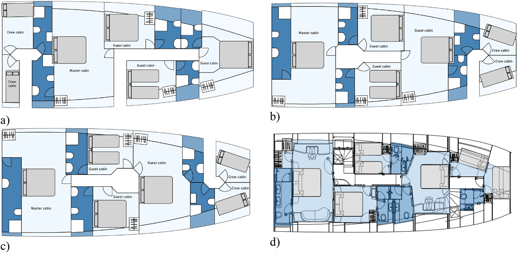 A four-panel layout diagram compares three output layouts and one designer layout for a 25-meter semi-displacement hull, showing variations in cabin and room arrangements. See long description.