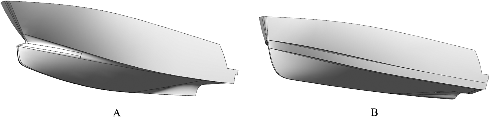 Side-by-side renderings show hull A with a sharply pointed bow and hull B with a rounded bow.