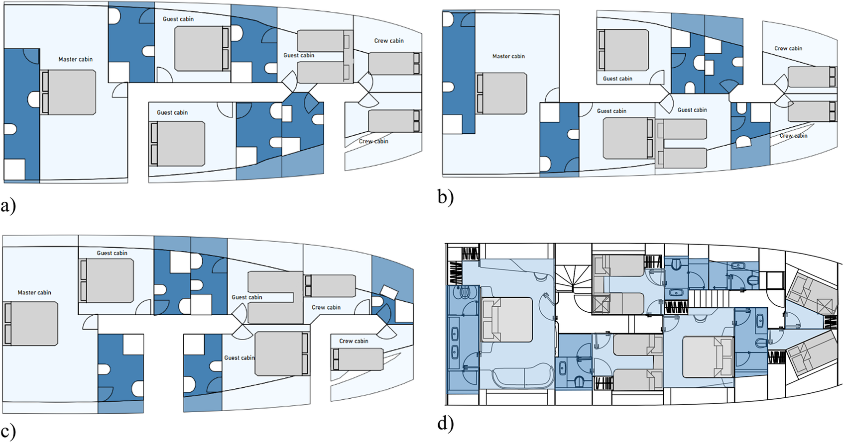 A four-panel layout diagram compares three generated and one designer’s 30-meter yacht interior plans, showing master, guest, and crew cabins in varying spatial arrangements. See long description.