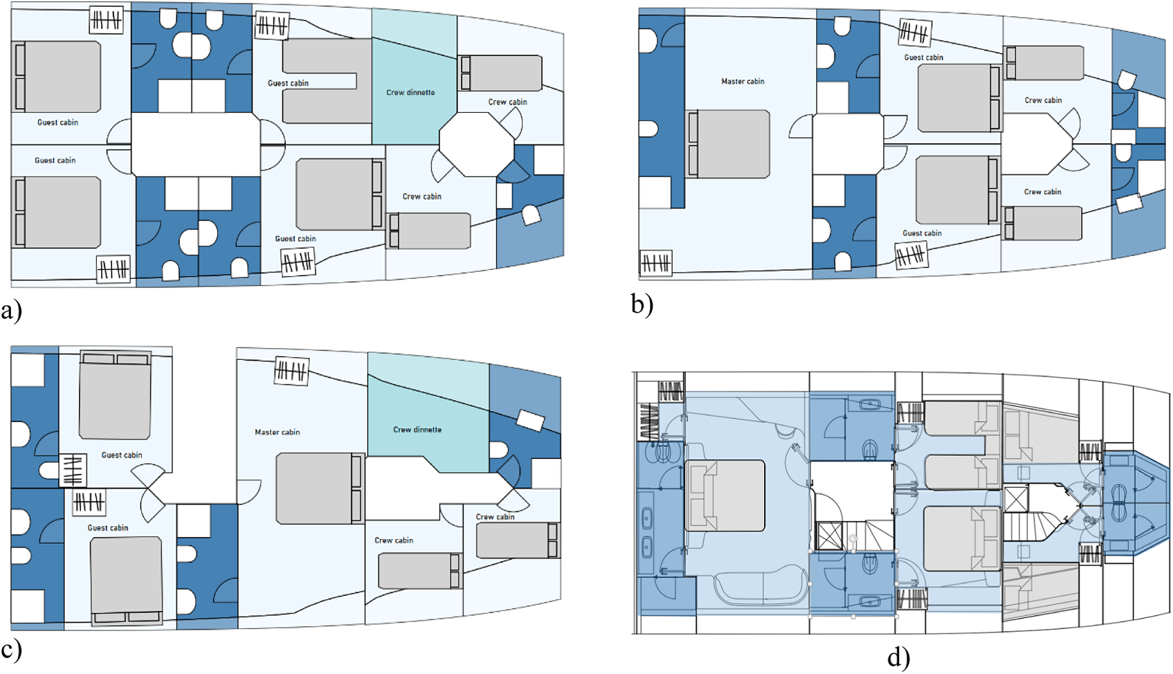 Four-panel layout plan compares three output layouts and the designer’s layout for a 30-meter vessel, showing variations in cabin and crew area arrangements. See long description.