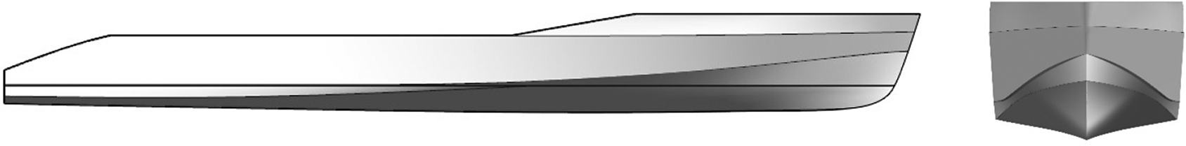 Profile and front views of a superyacht hull showing a streamlined, elongated shape with a curved bow and flat stern.