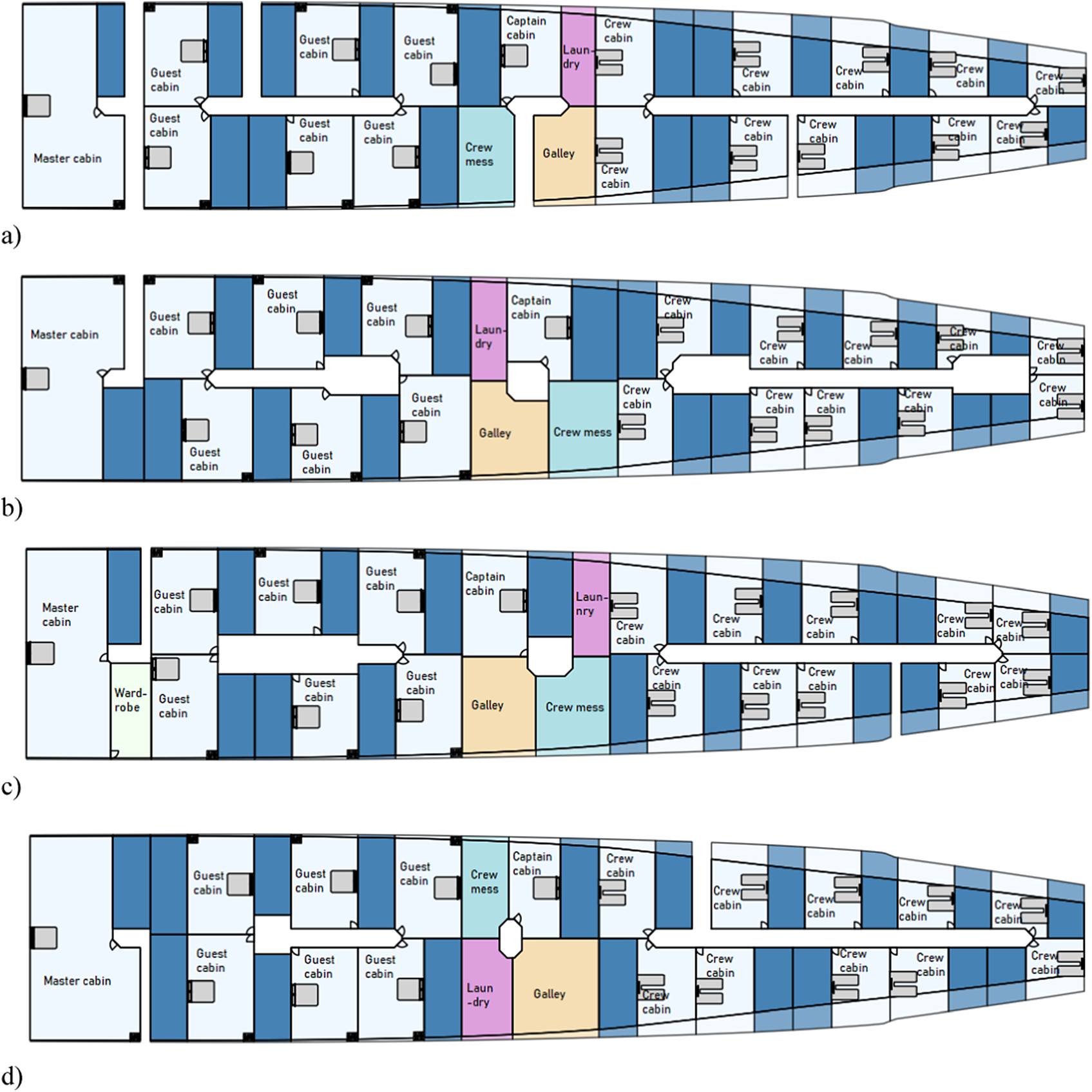 A four-panel floorplan comparison shows variations in cabin, galley, laundry, and crew mess arrangements for a 118-meter superyacht. See long description.