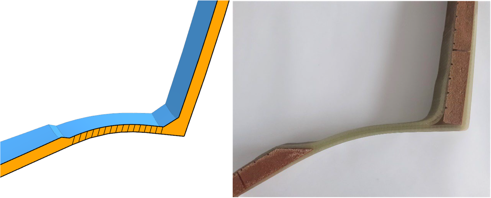 Two-panel comparison showing a CAD cross-section with a hatched monolithic region on the left and a built G R P chine section with visible core and laminate layers on the right.