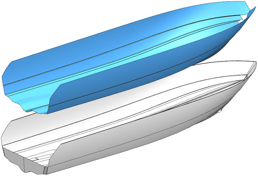 3D rendering showing a blue inner skin layer nested inside a white outer hull layer, both shaped as boat hulls.