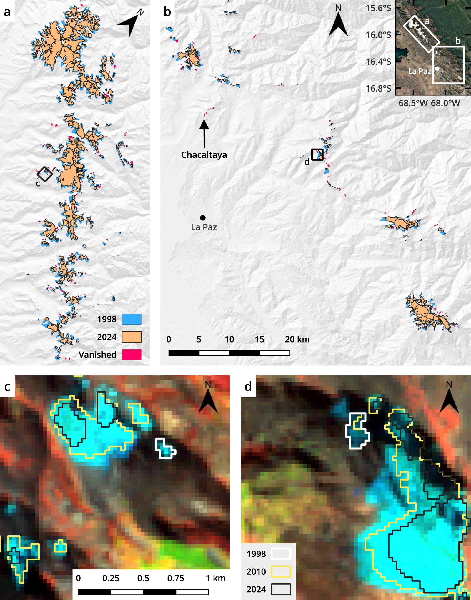 Maps showing glacier changes in the Cordillera Real from 1998 to 2024, highlighting vanished glaciers. Includes inset and detailed views of specific glaciers. See long description.