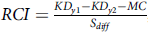 upper R upper C upper I equals StartFraction upper K upper D Subscript y Baseline 1 Baseline minus upper K upper D Subscript y Baseline 2 Baseline minus upper M upper C Over upper S Subscript d i f f Baseline EndFraction