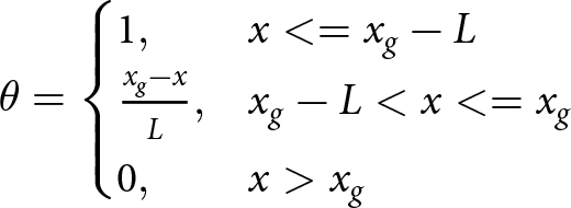 theta equals left brace 1 comma amp semicolon x less than equals xg minus Lxg minus xL comma amp semicolon xg minus upper L less than x less than equals xg 0 comma amp semicolon x greater than xg