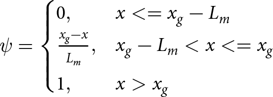 psi equals left brace 0 comma amp semicolon x less than equals xg minus Lmxg minus xLm comma amp semicolon xg minus Lm less than x less than equals xg 1 comma amp semicolon x greater than xg