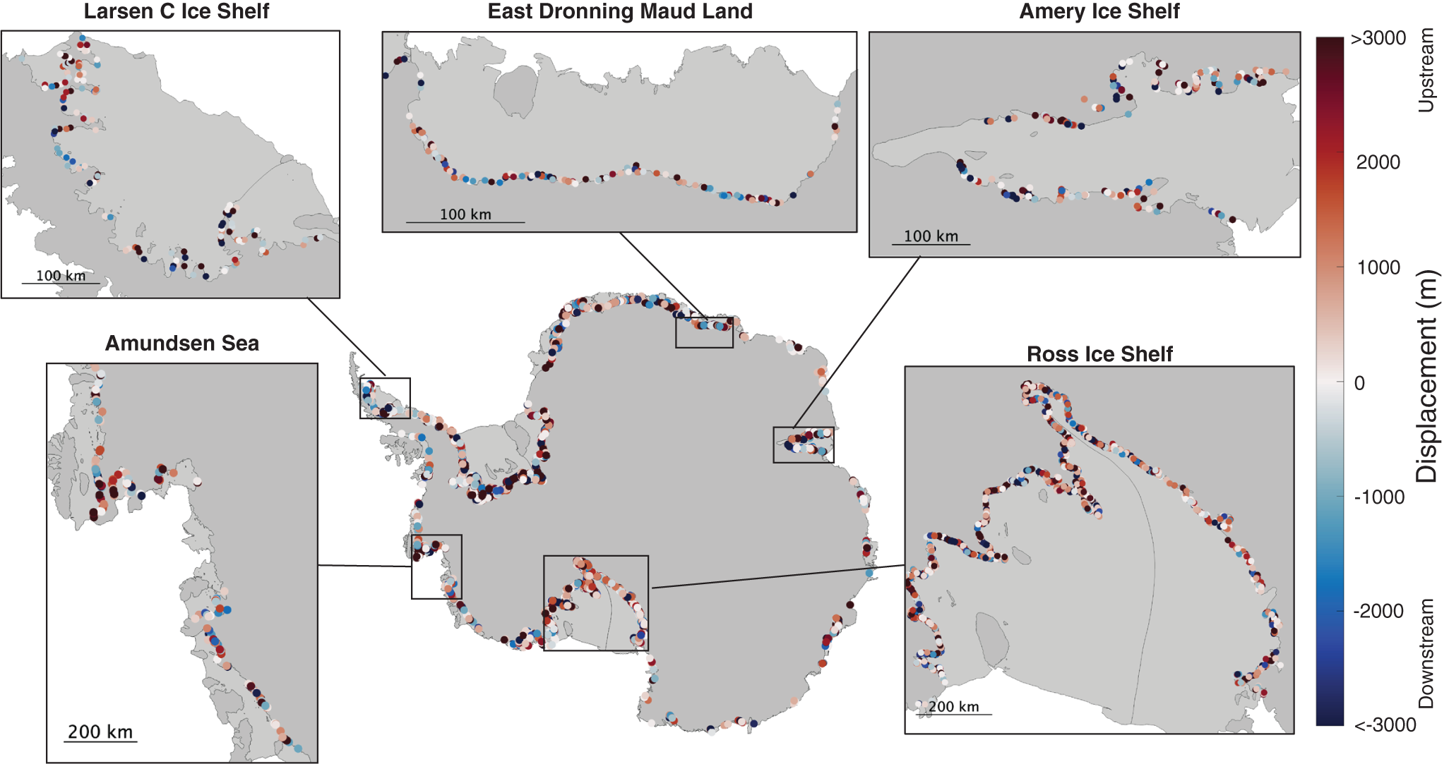 A map of Antarctica showing displacement of F points across ice shelves and seas, with five insets highlighting regions. See long description.