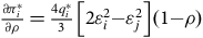 StartFraction partial differential pi Subscript i Superscript asterisk Baseline Over partial differential rho EndFraction equals StartFraction 4 q Subscript i Superscript asterisk Baseline Over 3 EndFraction left bracket 2 epsilon Subscript i Superscript 2 Baseline minus epsilon Subscript j Superscript 2 Baseline right bracket left parenthesis 1 minus rho right parenthesis