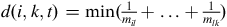 d left parenthesis i comma k comma t right parenthesis equals min left parenthesis StartFraction 1 Over m Subscript i l Baseline EndFraction plus ellipsis plus StartFraction 1 Over m Subscript l k Baseline EndFraction right parenthesis