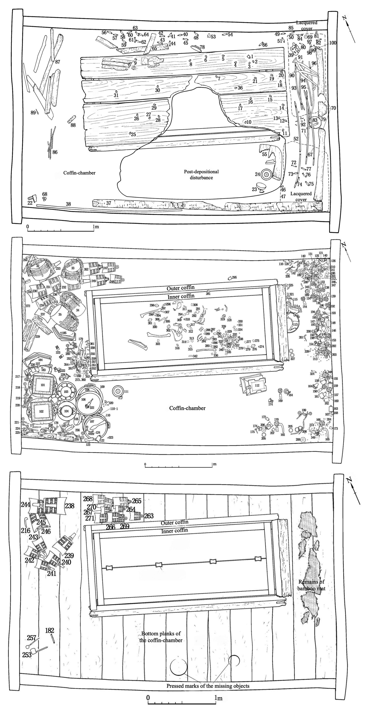 A detailed diagram of Tomb M190 showing the coffin chamber, outer coffin, inner coffin, and various artifacts.