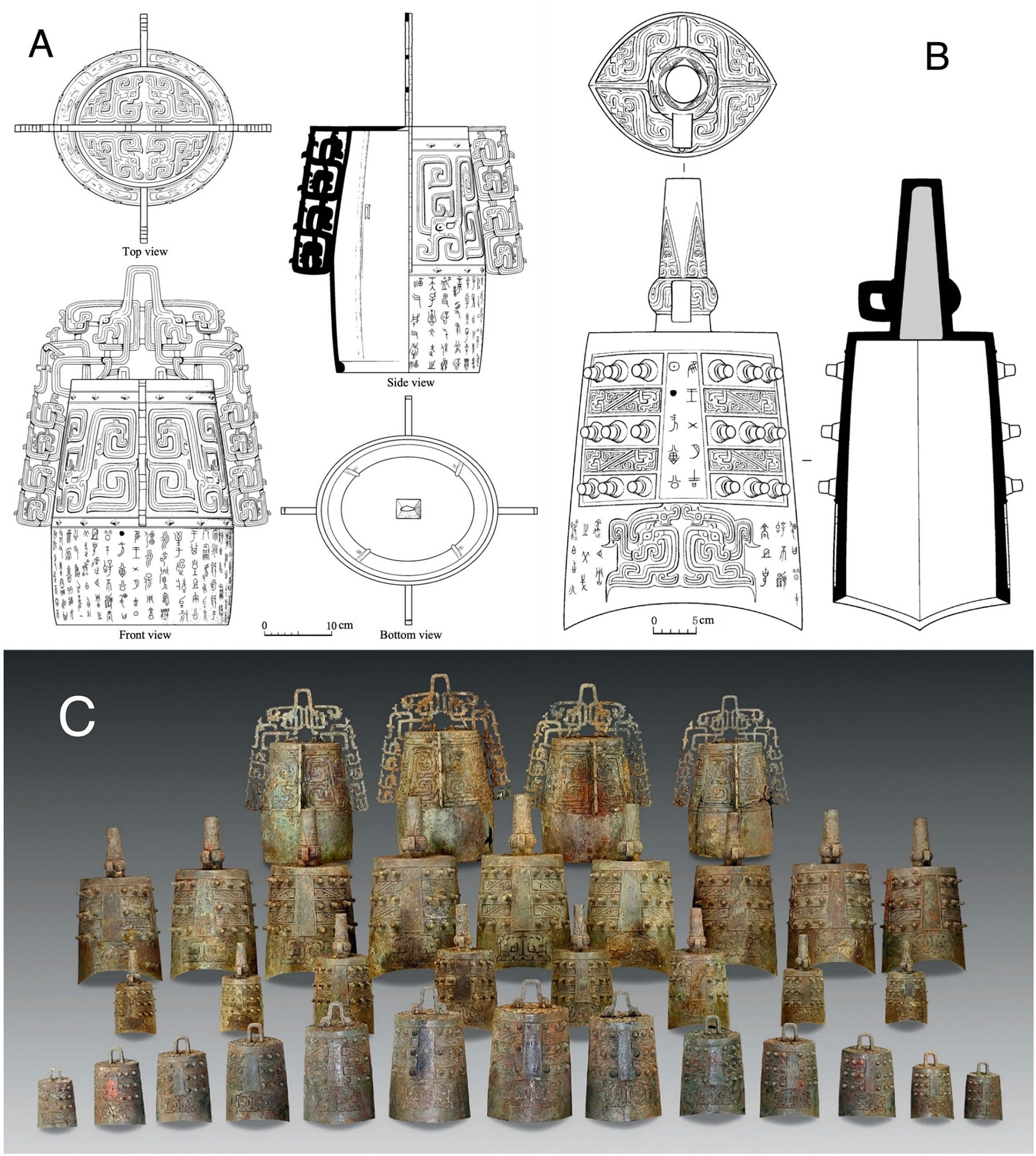 A detailed illustration of Bozhong and yongzhong bells from the Zeng Gong Qiu bianzhong set, along with a collection of bronze bells from M190.