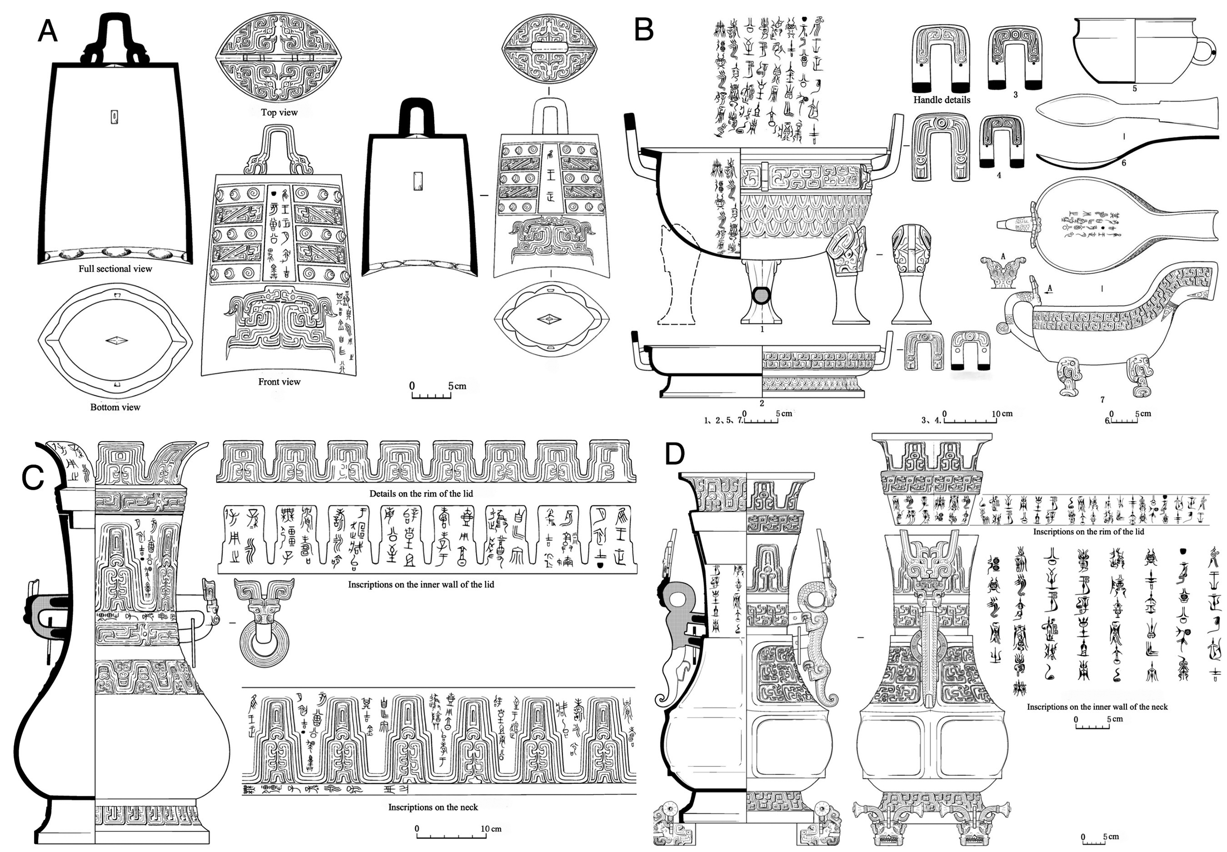 A detailed illustration of ancient Chinese artifacts including a Niuzhong, cauldron, washbasin, ring-handle cup, ladle, hand-washing jug, round vase, and square vase.
