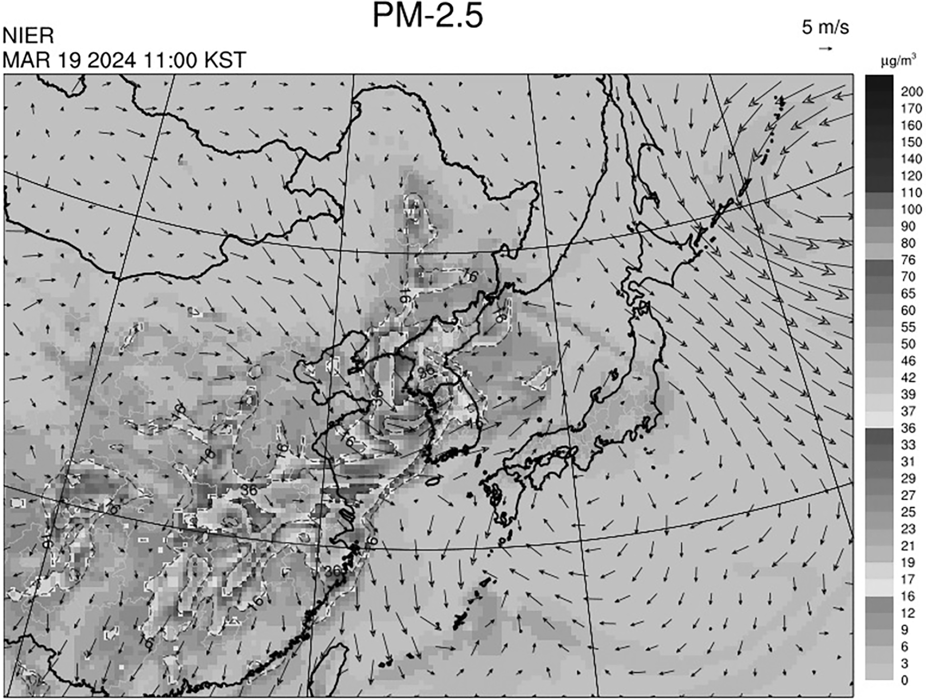 A heat map of PM-2.5 levels in Northeast Asia on March 19, 2024, showing air pollution distribution and wind patterns.