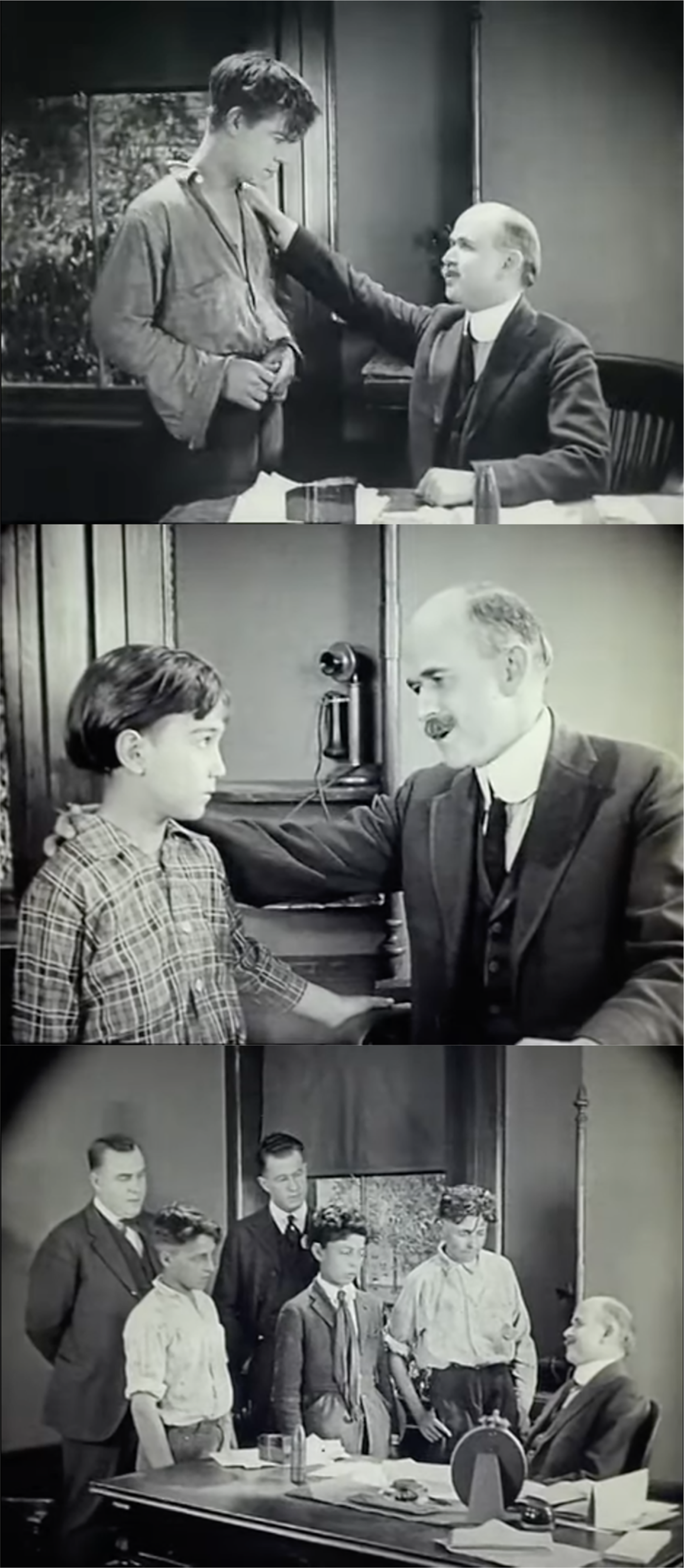 Three black-and-white photos of courtroom scenes from the film The Soul of Youth featuring Judge Lindsey.
