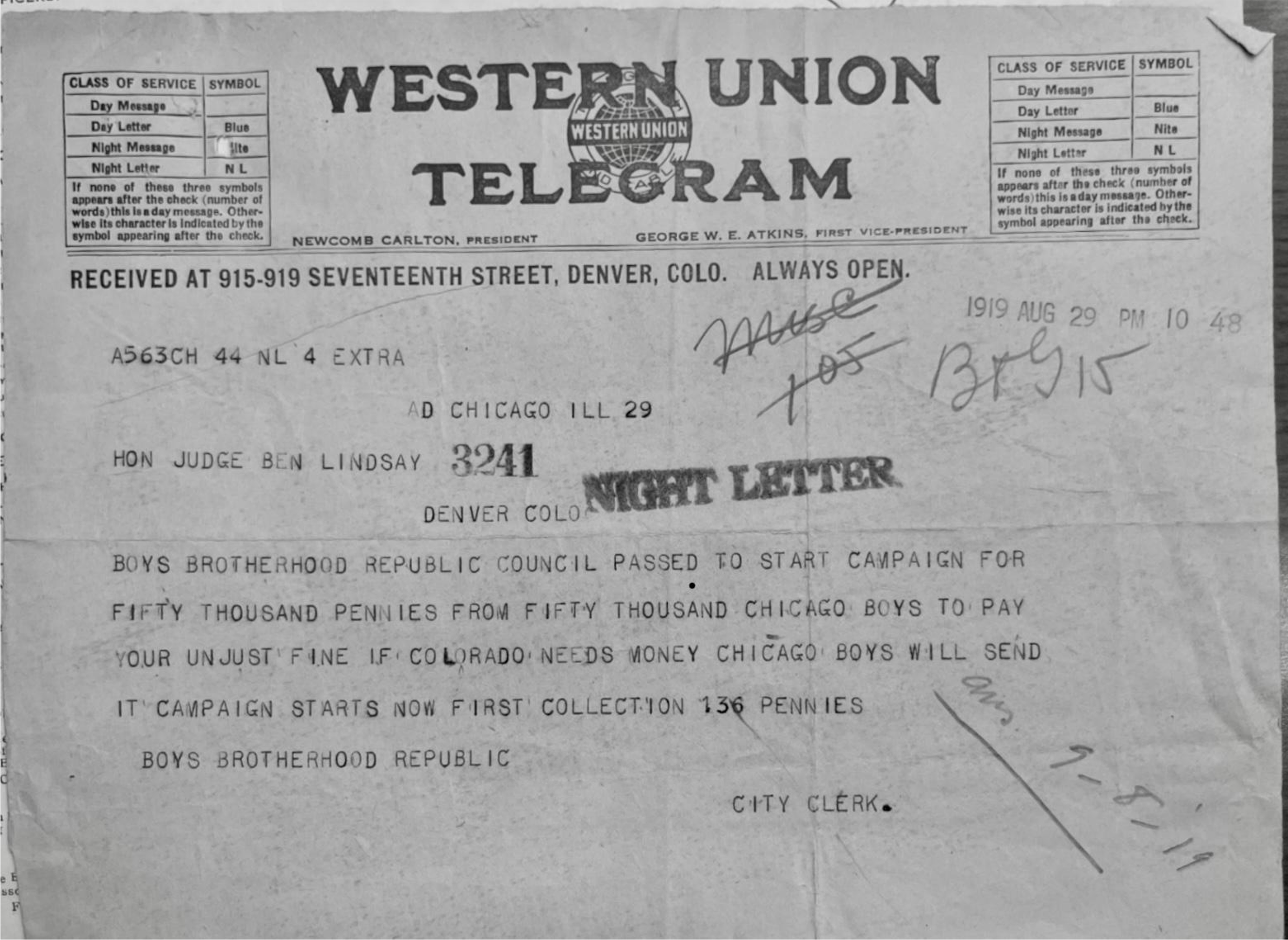 Western Union telegram addressed to Hon Judge Ben Lindsay from Boys Brotherhood Republic.