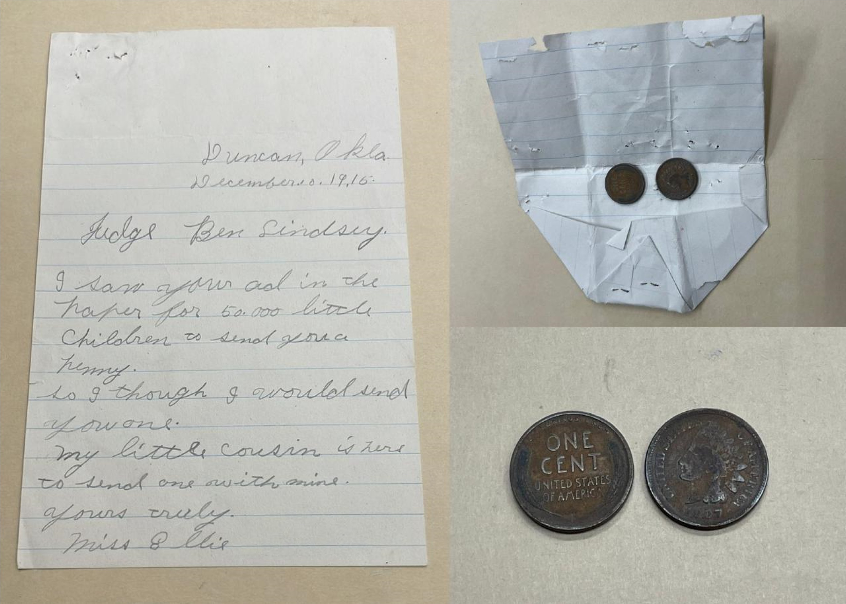 A handwritten letter, an improvised envelope with two pennies, and two close-up images of the pennies.