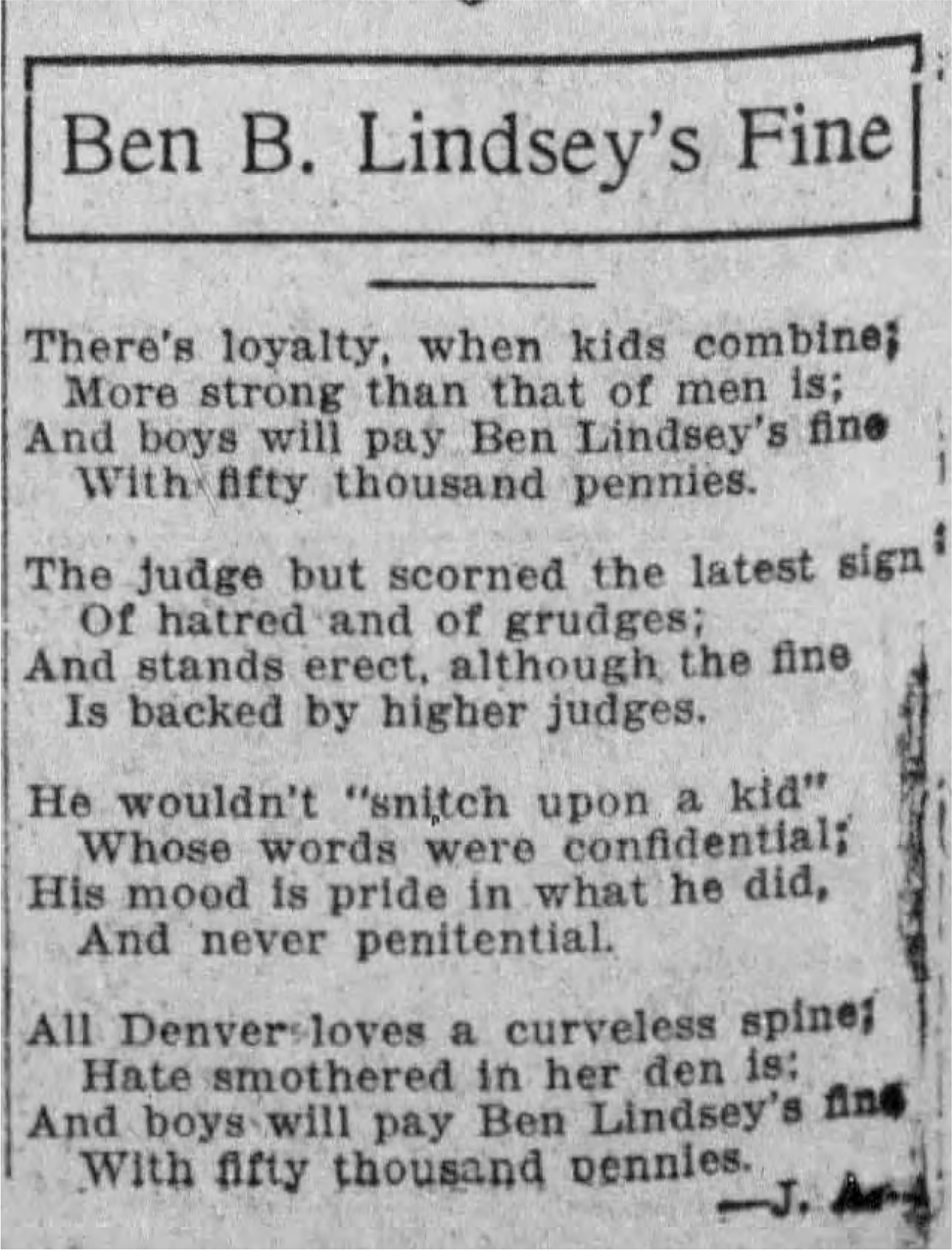 A newspaper clipping titled 'Ben B. Lindsey's Fine' with a poem about Judge Ben Lindsey and a fine paid by boys.
