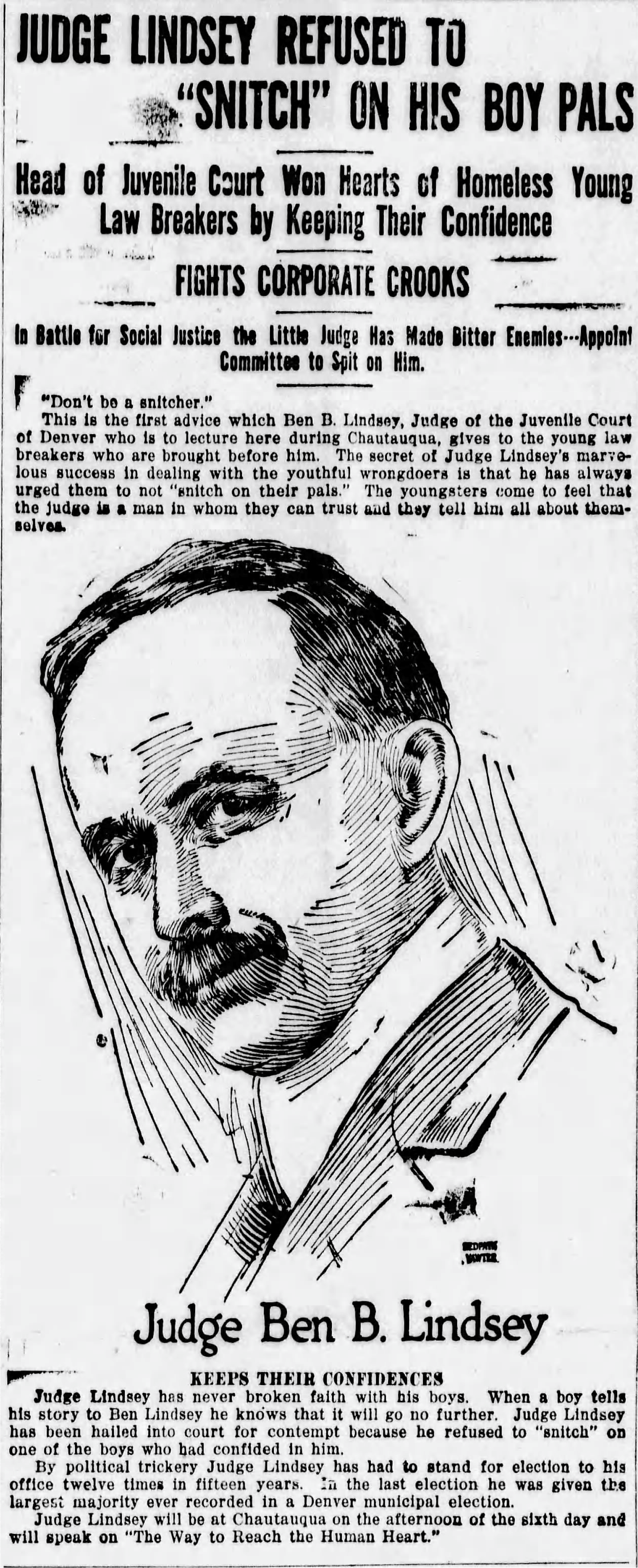 An illustration of Judge Ben B. Lindsey with a newspaper headline about his refusal to betray the confidence of young lawbreakers.