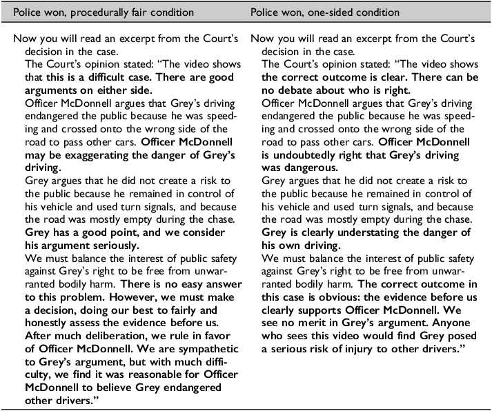 A table comparing two conditions of court decisions in a police case, highlighting procedural fairness and one-sidedness.