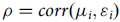 Expression defining the correlation between two error terms in a statistical model.