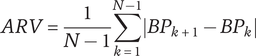 upper A upper R upper V equals StartFraction 1 Over upper N minus 1 EndFraction sigma summation Underscript k equals 1 Overscript upper N minus 1 Endscripts StartAbsoluteValue upper B upper P Subscript k plus 1 Baseline minus upper B upper P Subscript k Baseline EndAbsoluteValue