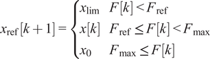 x Subscript ref Baseline left bracket k plus 1 right bracket equals StartLayout Enlarged left brace 1st Row 1st Column x Subscript limit Baseline 2nd Column upper F left bracket k right bracket less than upper F Subscript ref Baseline 2nd Row 1st Column x left bracket k right bracket 2nd Column upper F Subscript ref Baseline less than or equals upper F left bracket k right bracket less than upper F Subscript max Baseline 3rd Row 1st Column x 0 2nd Column upper F Subscript max Baseline less than or equals upper F left bracket k right bracket EndLayout
