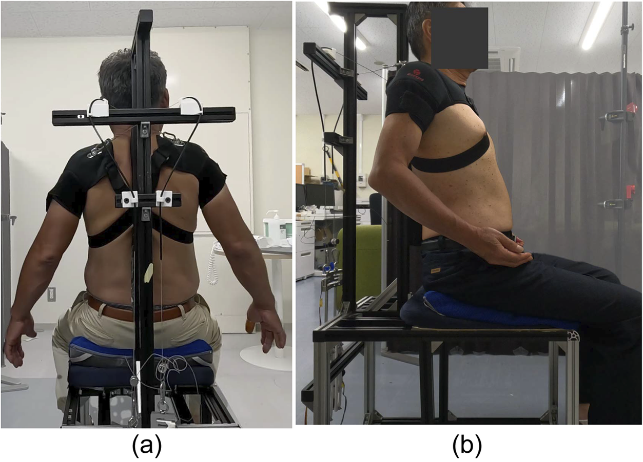 Two-panel photo showing a seated person wearing a robotic exoskeleton from the back and side views.