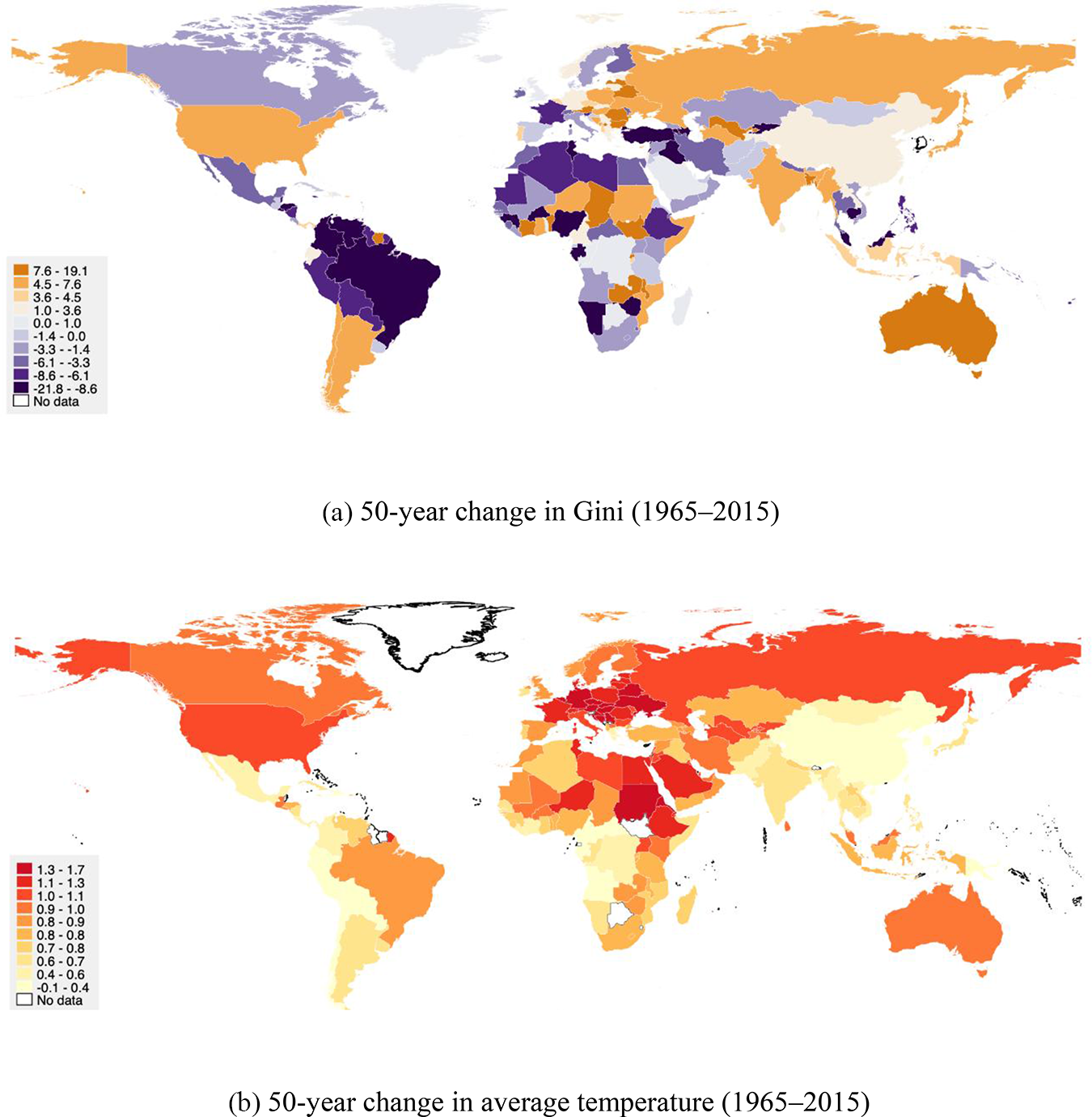 Two maps showing 50-year changes in Gini index and average temperature globally from 1965 to 2015. See long description.
