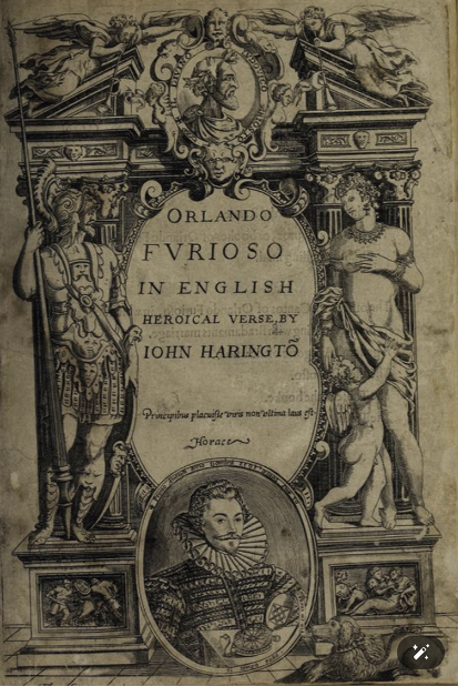 Engraved architectural title page for Orlando Furioso in English, flanked by armored and nude figures, with portrait medallions of Ariosto and John Harington.