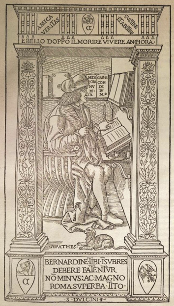 Woodcut of a seated scholar within a decorative classical frame, reading at a lectern beside architectural columns and carved emblems.
