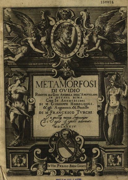 Engraved title page of Anguillara’s 1584 Metamorfosi di Ovidio with a central medallion portrait of the translator above the book’s ornate Italian title.